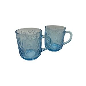 Vintage Fruit Motif Blue Pressed Glass Coffee Mugs Set of 2